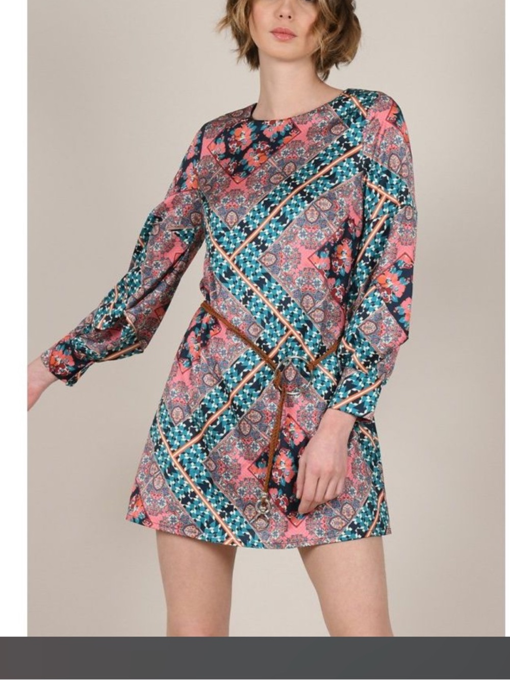 Molly Bracken Pink & Teal Floral Patchwork Long Sleeve Dress size S